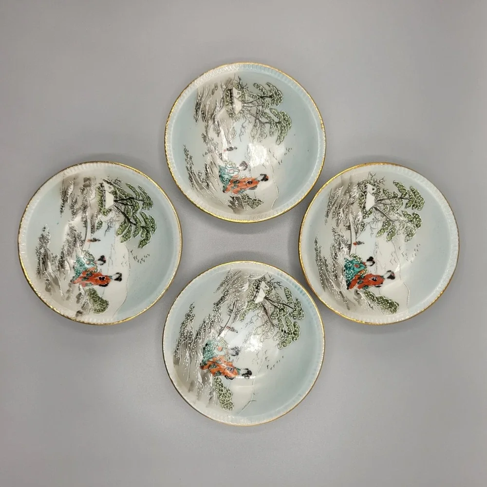 Vtg Japan Small Bowls Geisha Women Handpainted Birds Bridge Beautiful Lot of 4